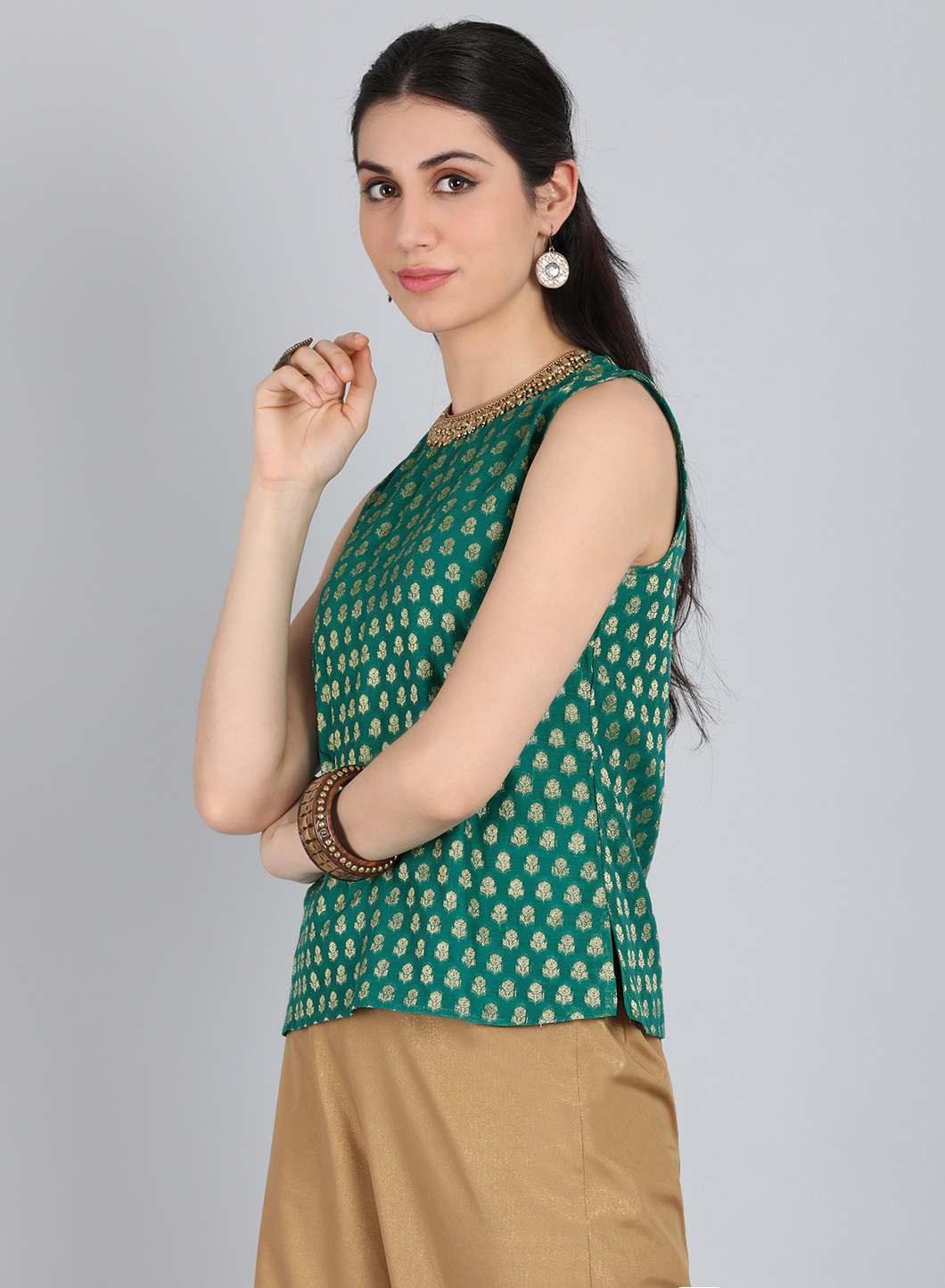 Green Round Neck Embellished Top - wforwoman