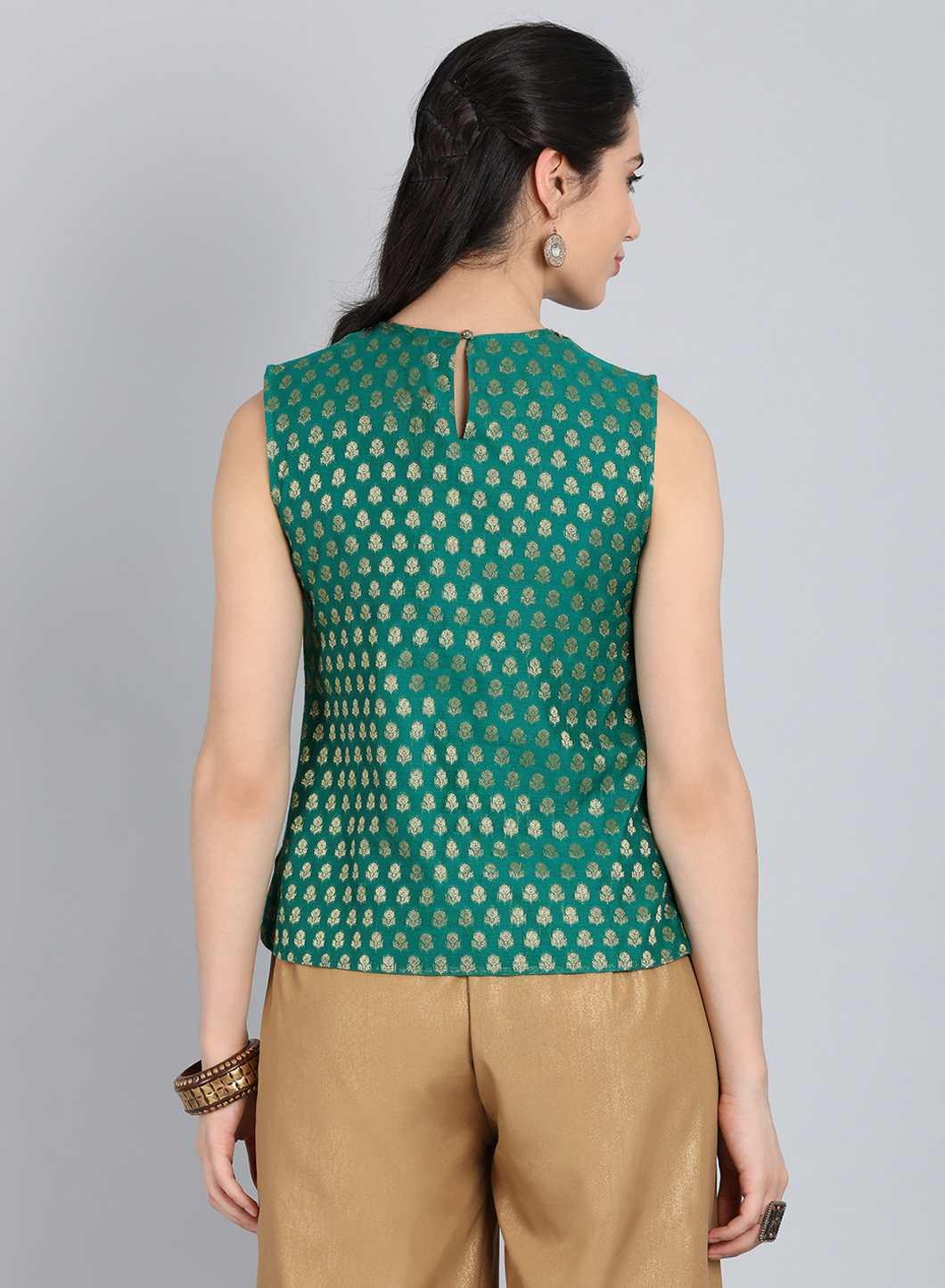 Green Round Neck Embellished Top - wforwoman