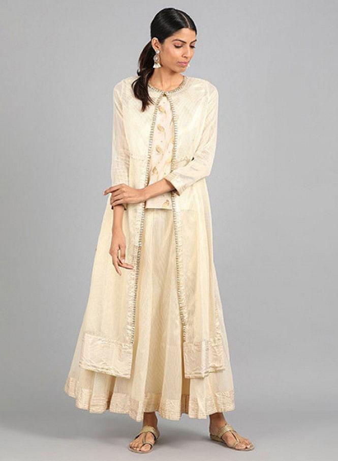 Off-White Round Neck Embellished kurta Set - wforwoman