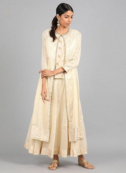 Off-White Round Neck Embellished kurta Set - wforwoman