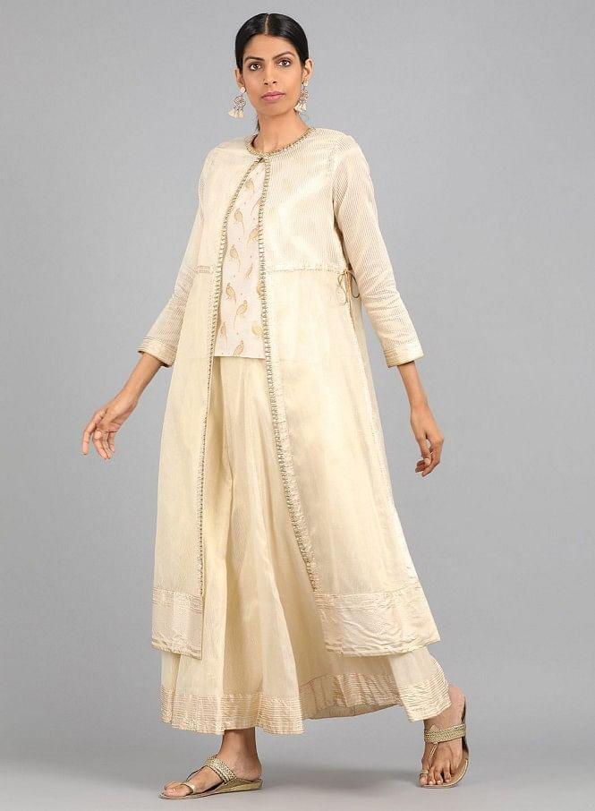 Off-White Round Neck Embellished kurta Set - wforwoman