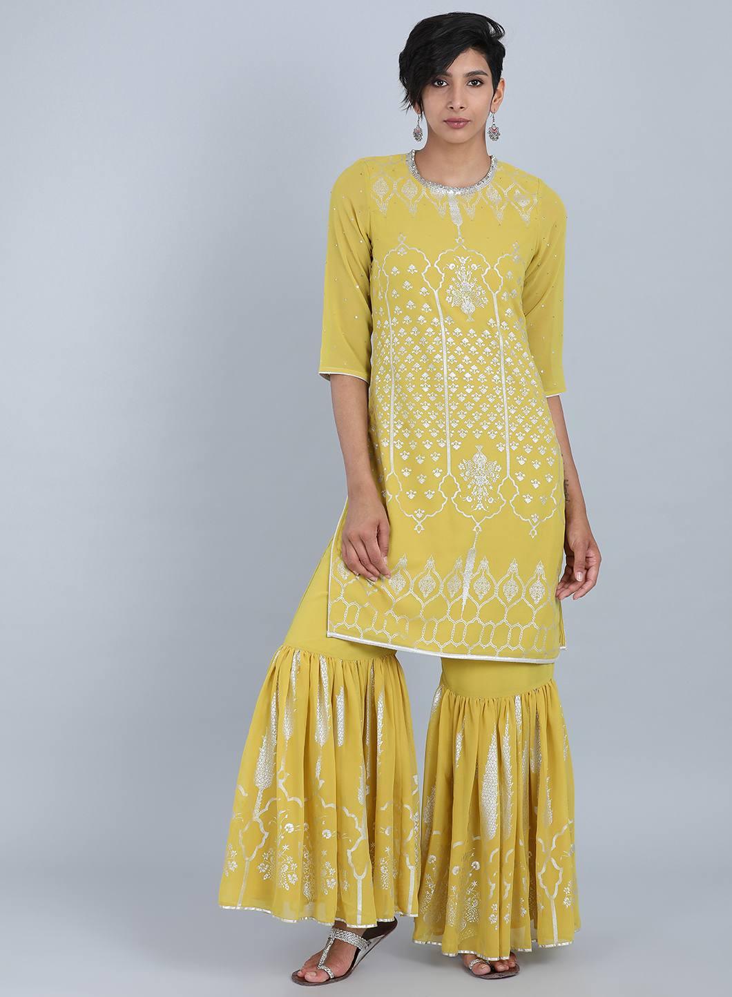 Lime Green Round Neck Printed kurta Set - wforwoman