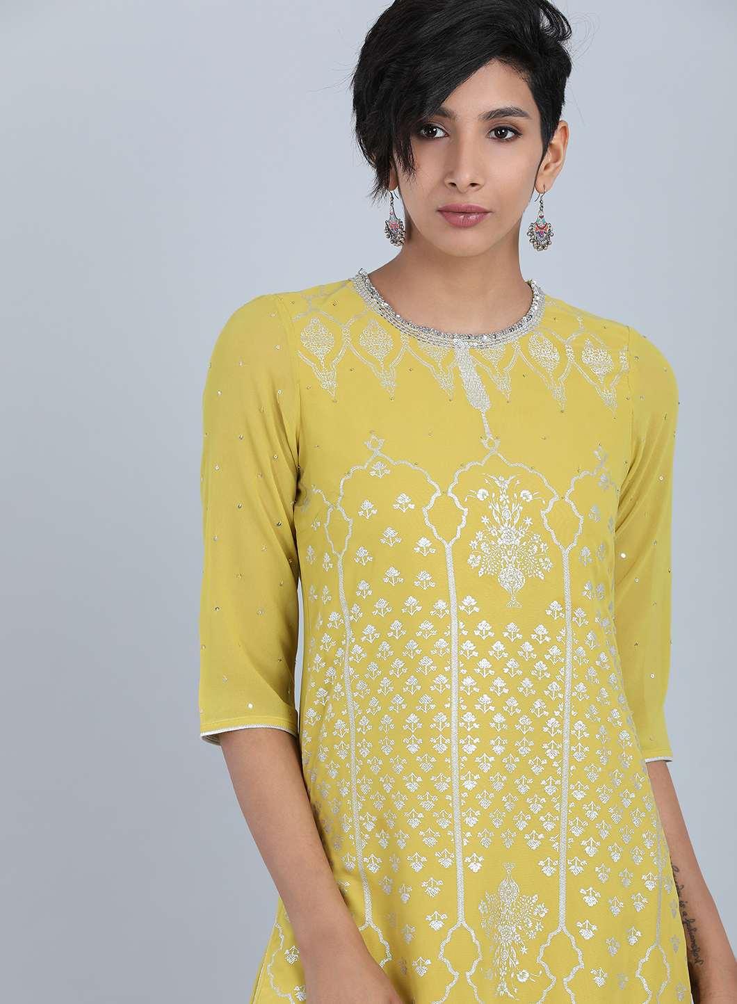 Lime Green Round Neck Printed kurta Set - wforwoman