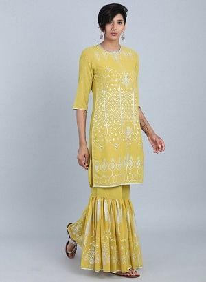 Lime Green Round Neck Printed kurta Set - wforwoman