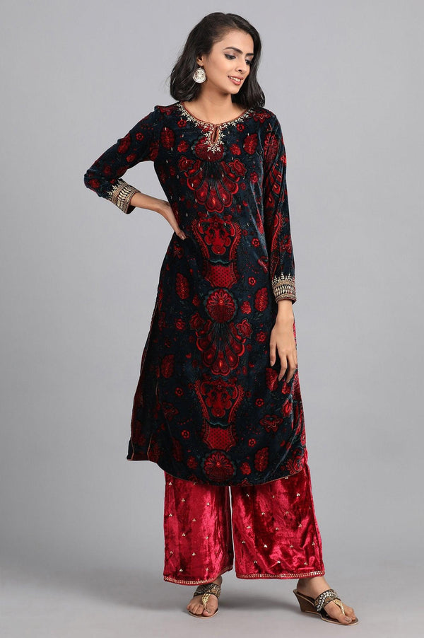 Blue Round Neck Printed Winter kurta