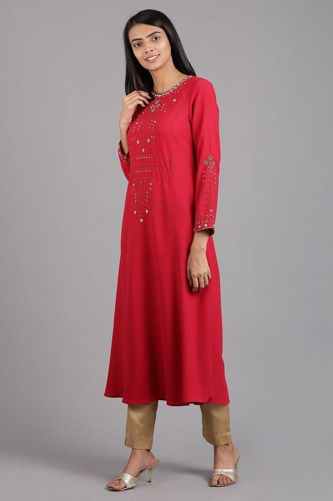 Pink Round Neck Solid Winter kurta - wforwoman