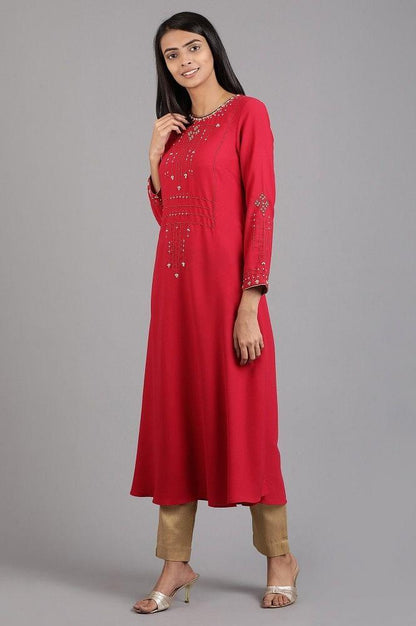 Pink Round Neck Solid Winter kurta - wforwoman
