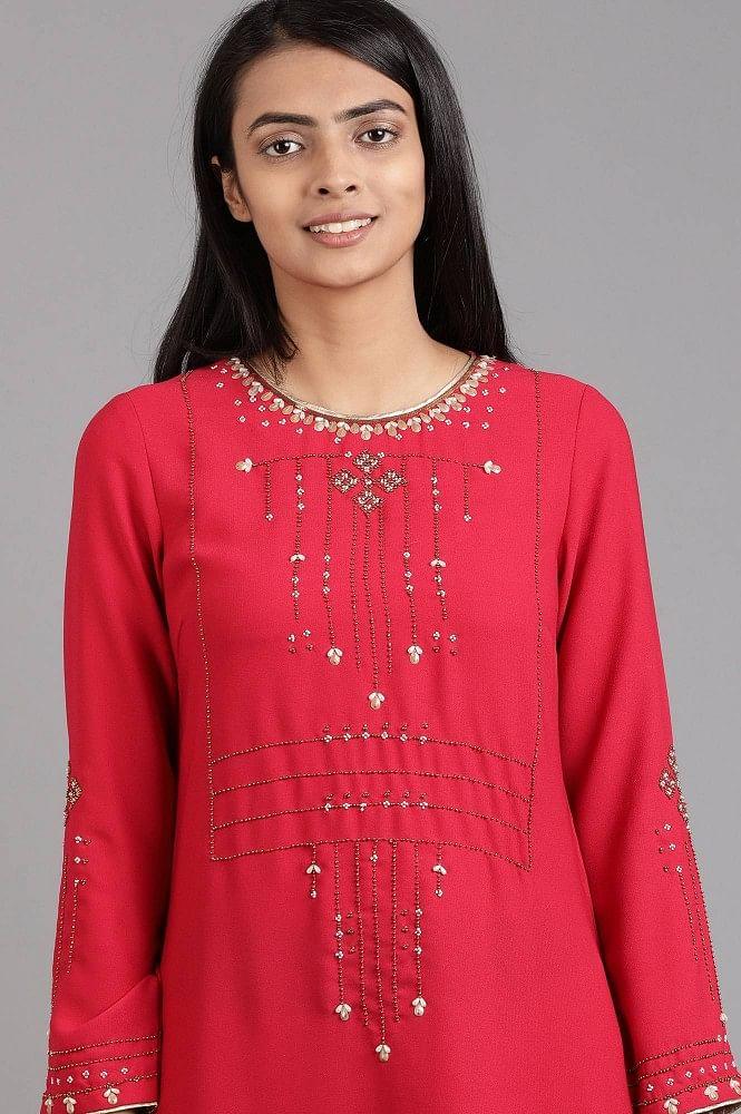 Pink Round Neck Solid Winter kurta - wforwoman