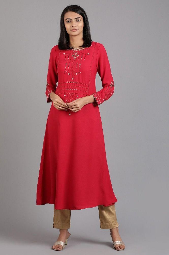 Pink Round Neck Solid Winter kurta - wforwoman