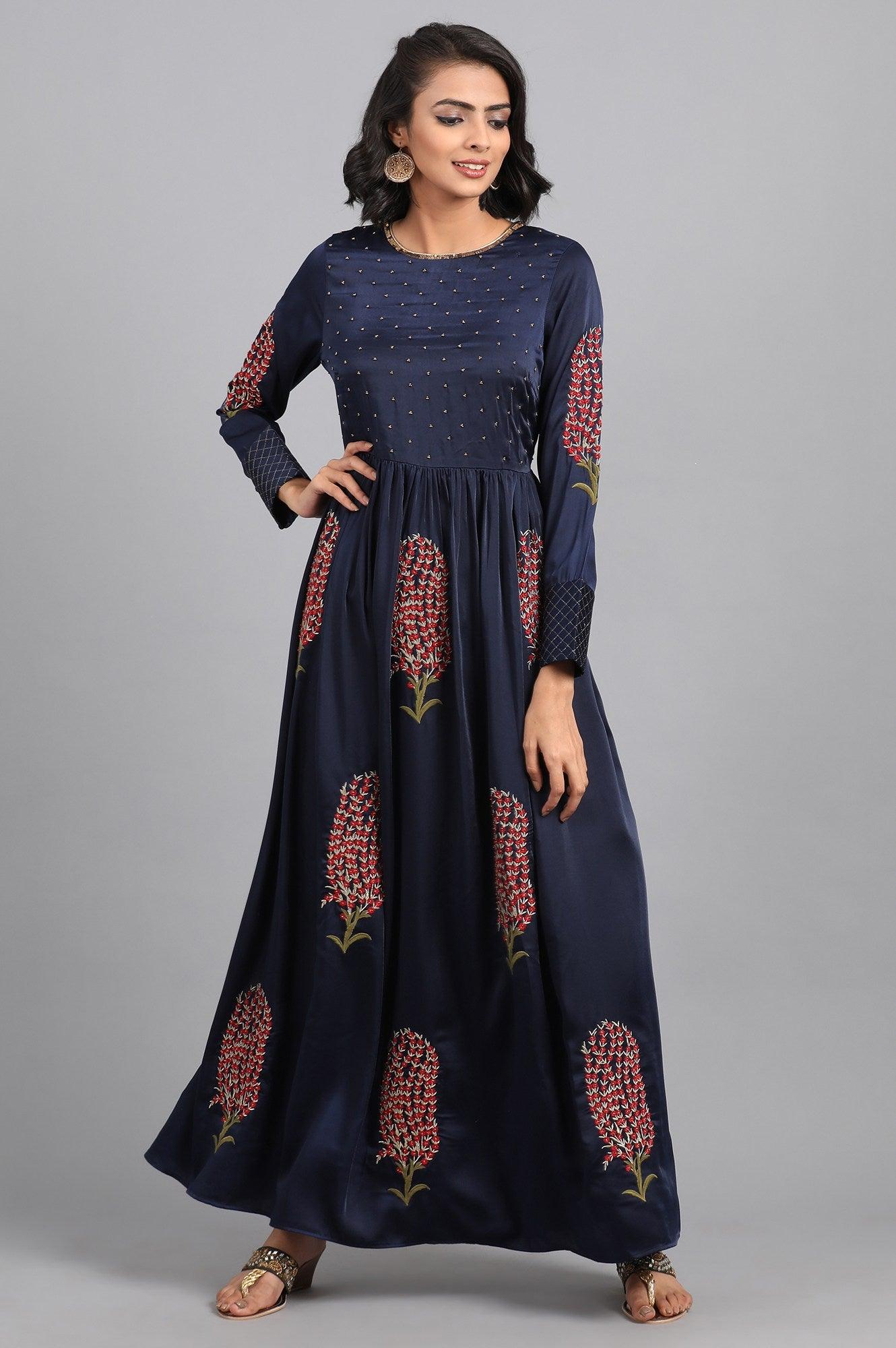 Blue Round Neck Embellished Winter kurta - wforwoman