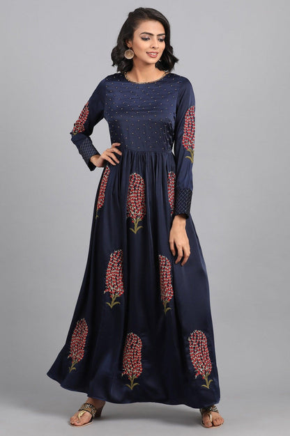 Blue Round Neck Embellished Winter kurta - wforwoman