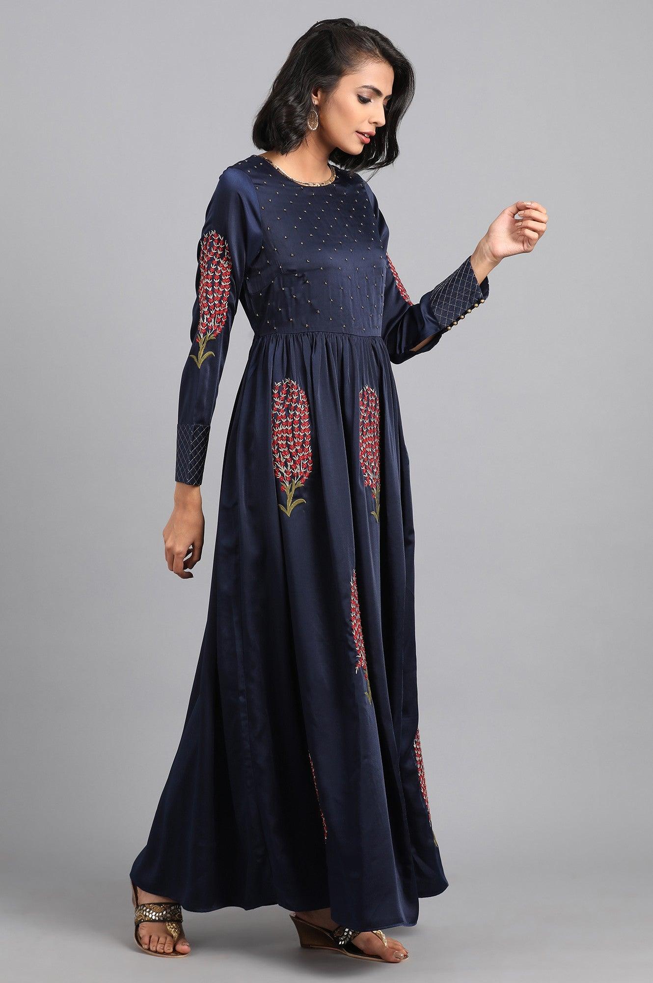 Blue Round Neck Embellished Winter kurta - wforwoman