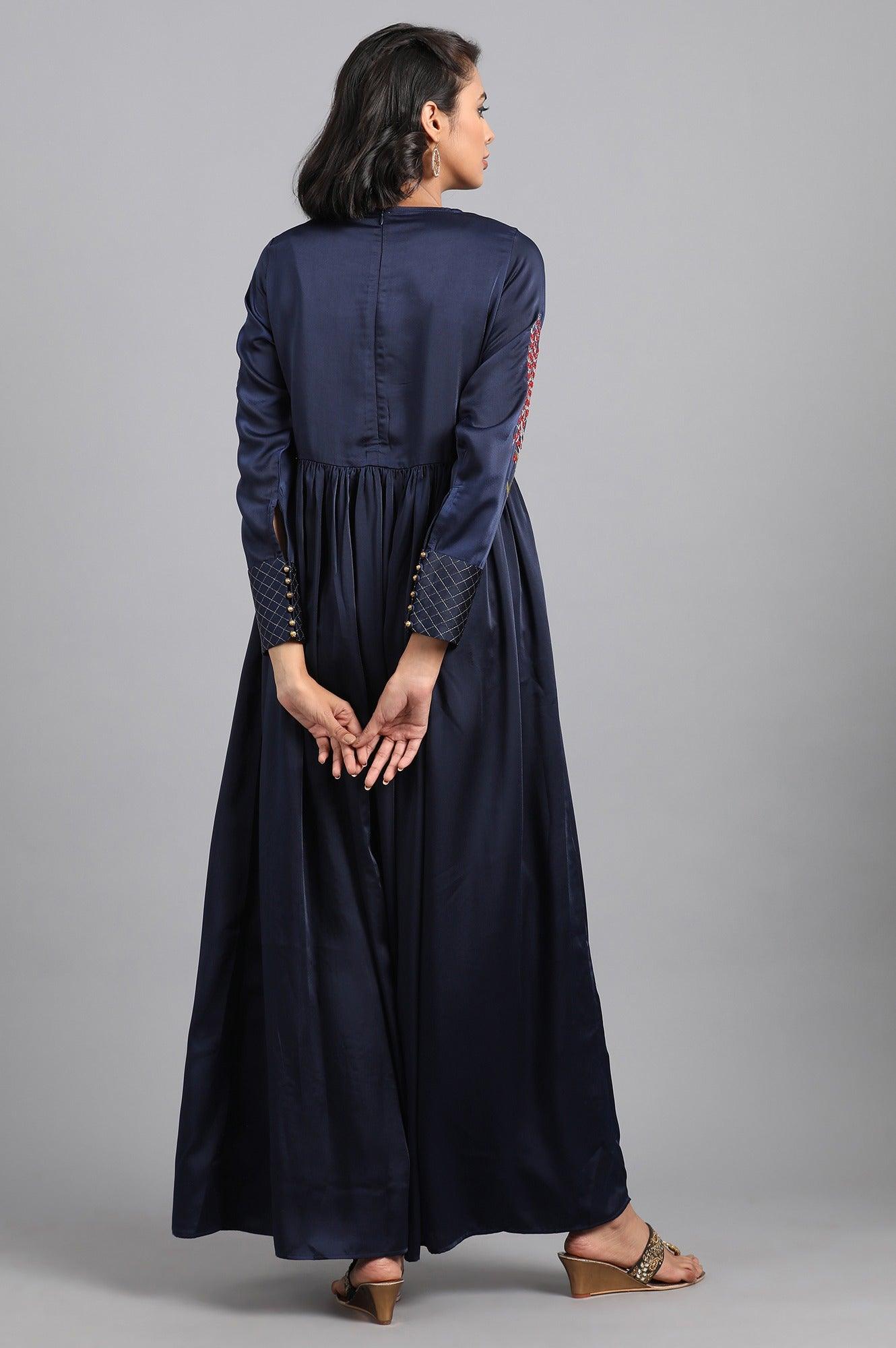 Blue Round Neck Embellished Winter kurta - wforwoman