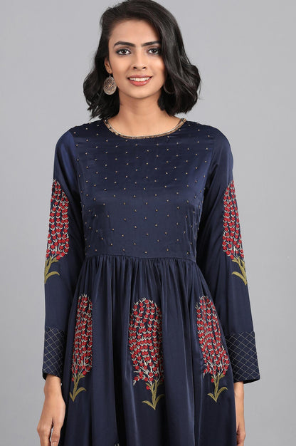 Blue Round Neck Embellished Winter kurta - wforwoman