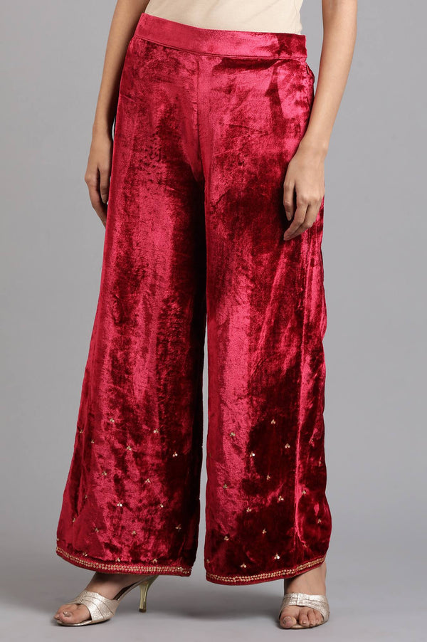 Red Solid Velvet Pants