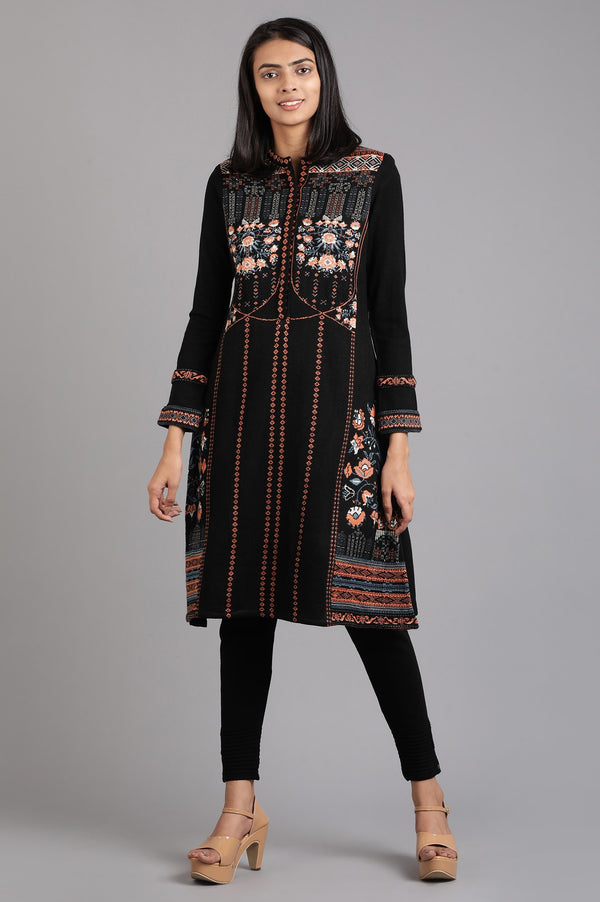 Black Mandarin Neck Yarn-dyed Winter kurta