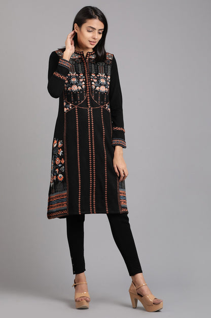 Black Mandarin Neck Yarn-dyed Winter kurta