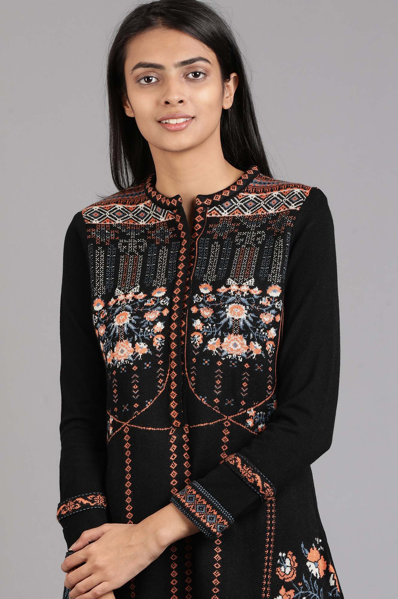 Black Mandarin Neck Yarn-dyed Winter kurta
