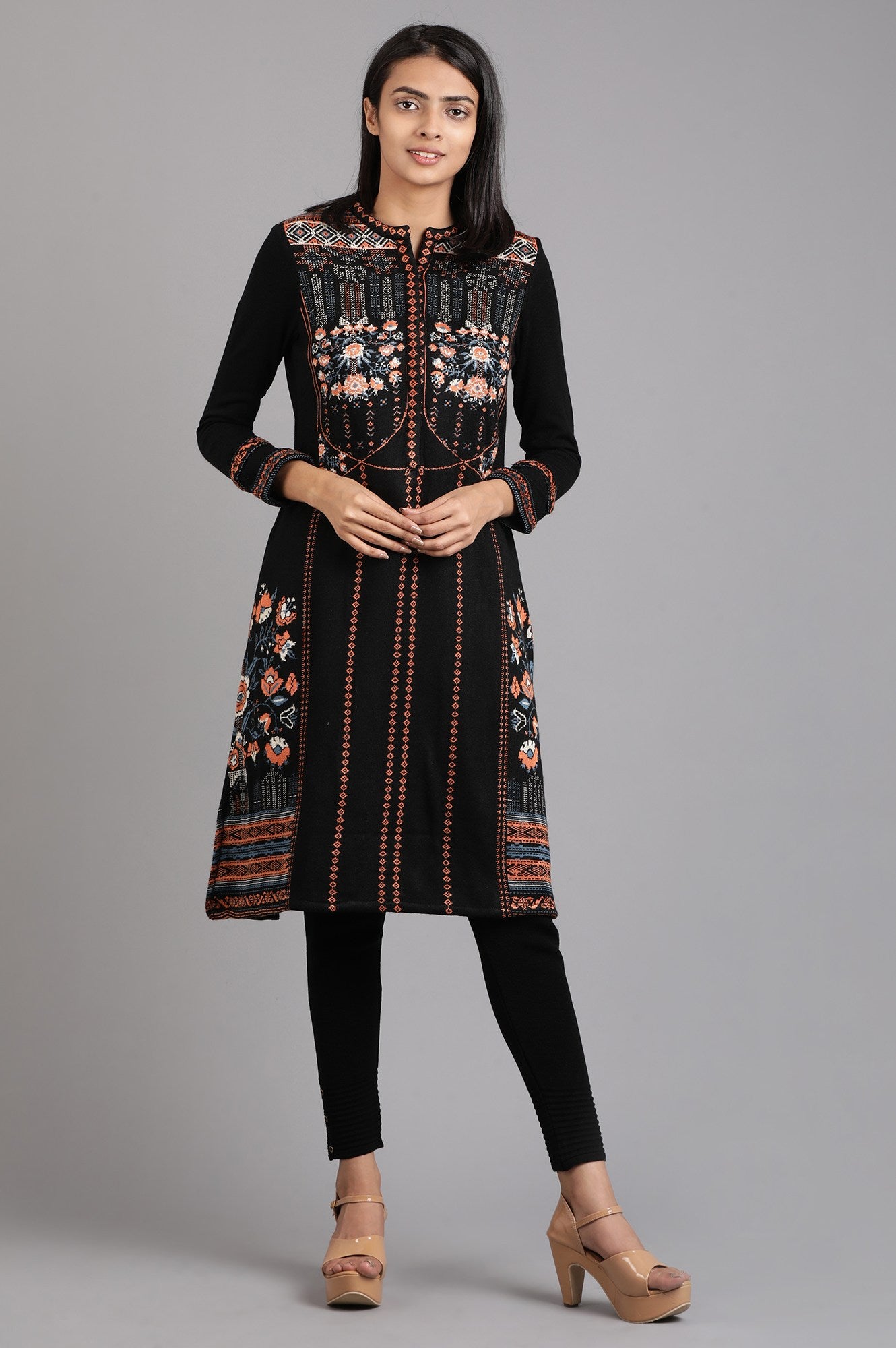 Black Mandarin Neck Yarn-dyed Winter kurta