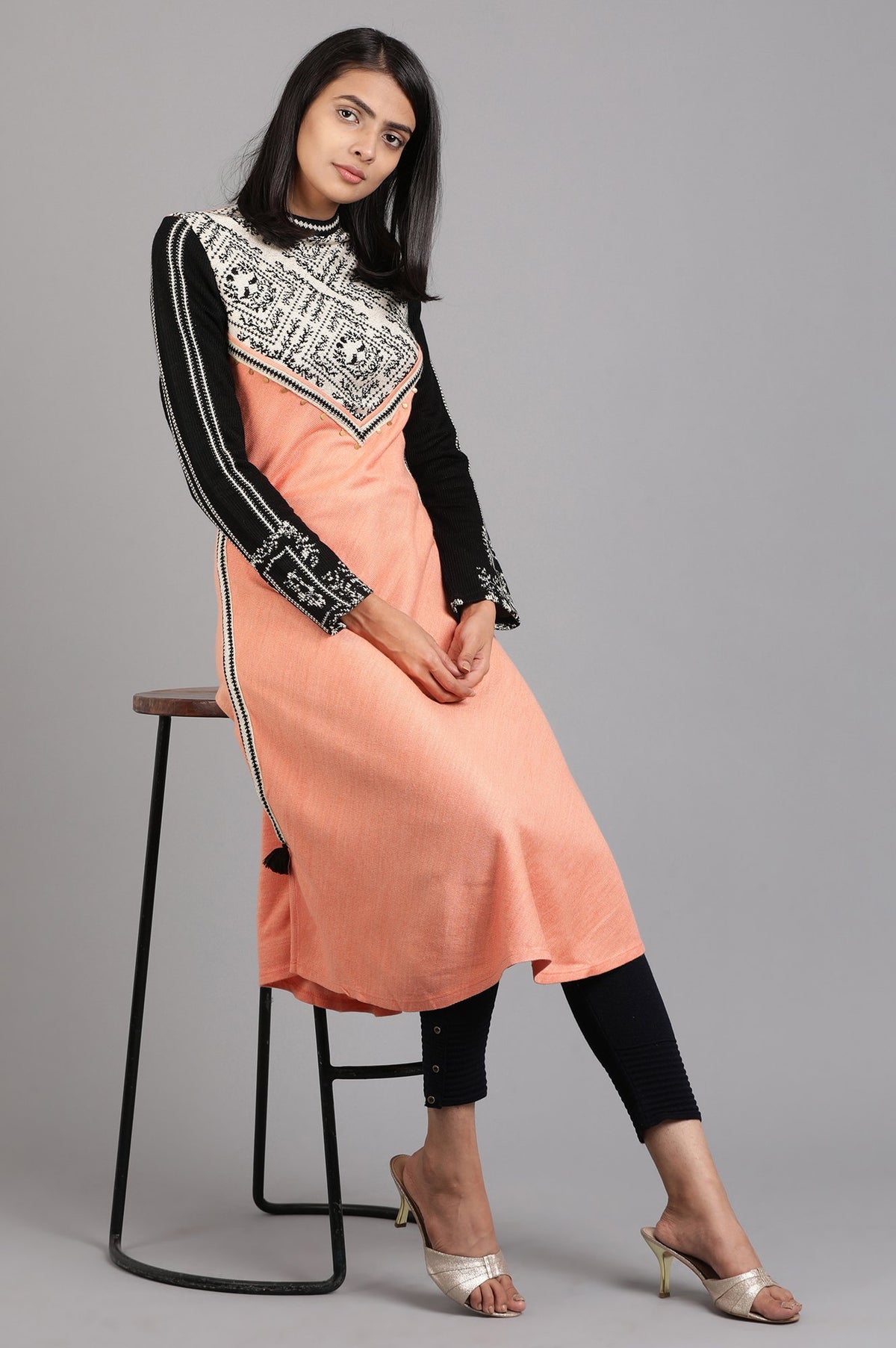 Orange Mandarin Neck Solid Winter Kurta - XS