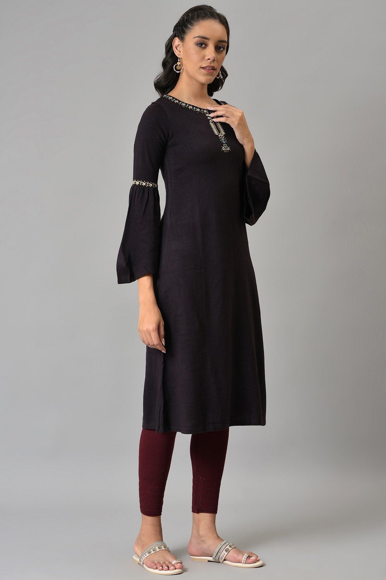 Purple Round Neck Winter kurta - wforwoman