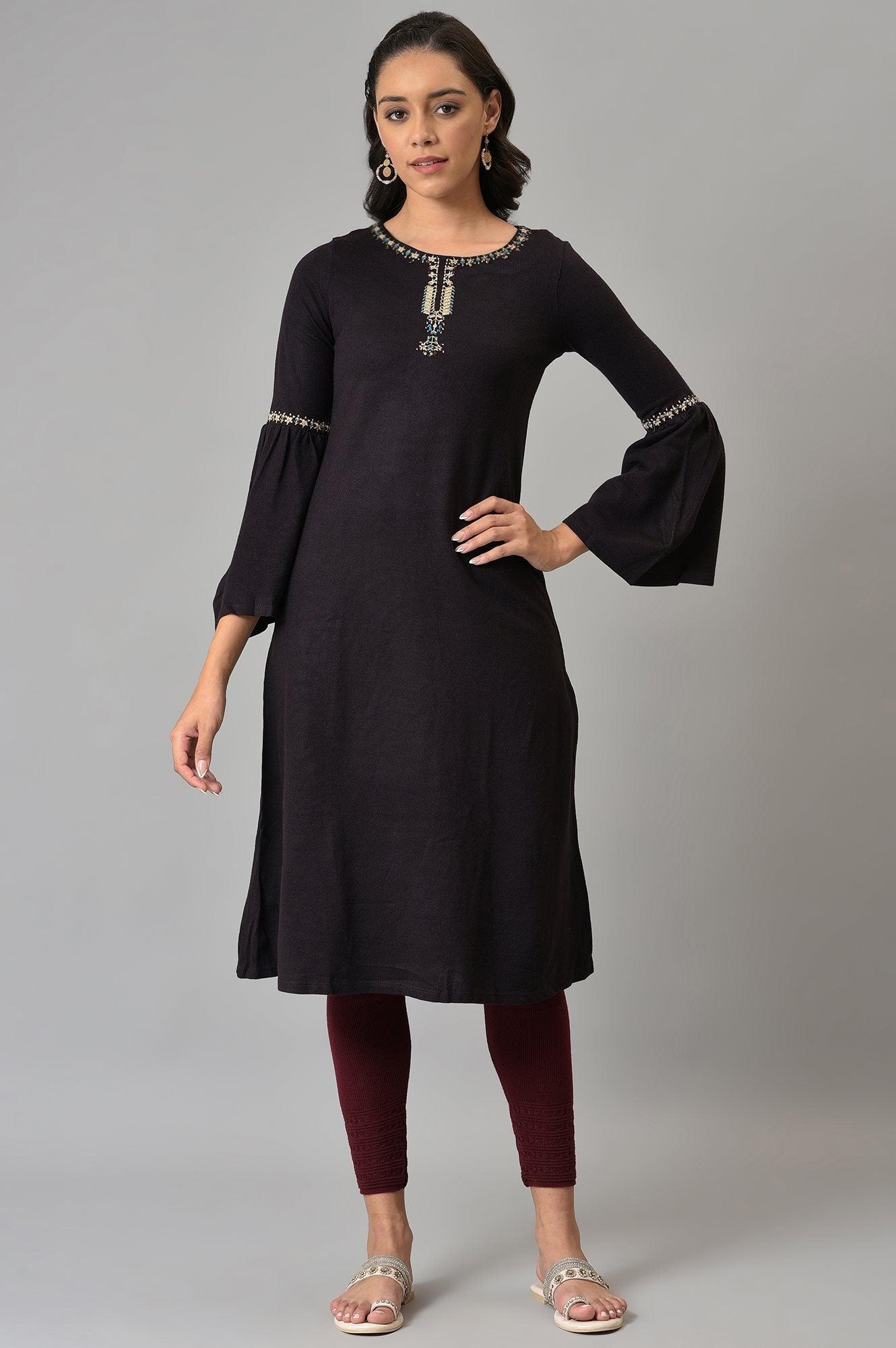 Purple Round Neck Winter kurta - wforwoman