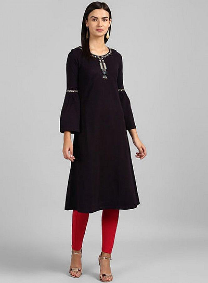 Purple Round Neck Winter kurta - wforwoman