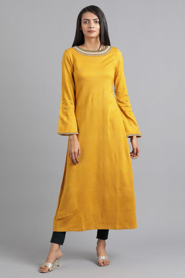 Yellow Round Neck Solid Winter kurta