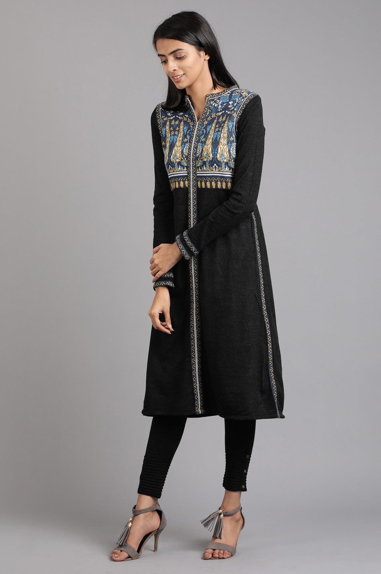 Grey Mandarin Neck Solid Winter kurta - wforwoman