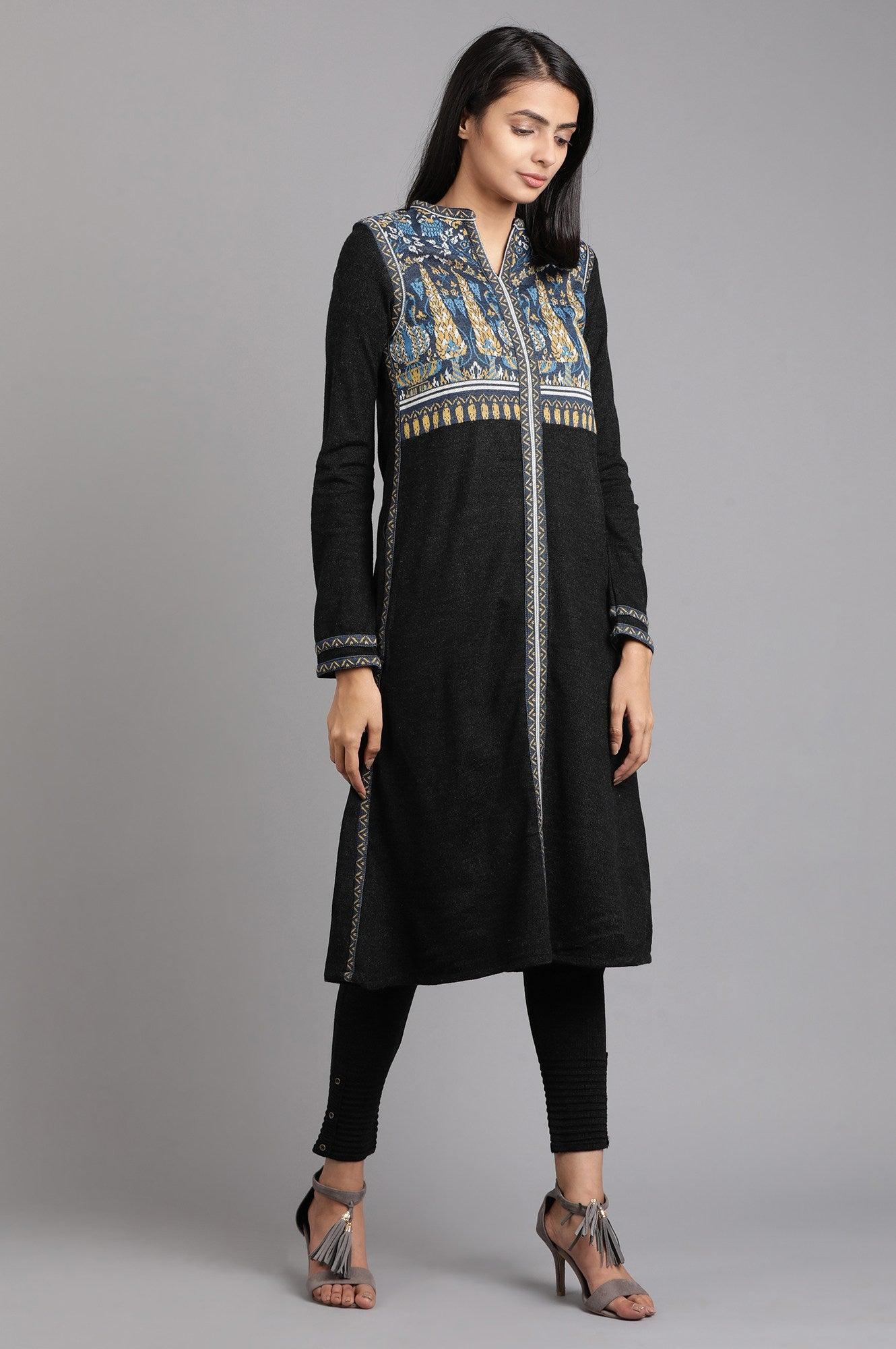 Grey Mandarin Neck Solid Winter kurta - wforwoman