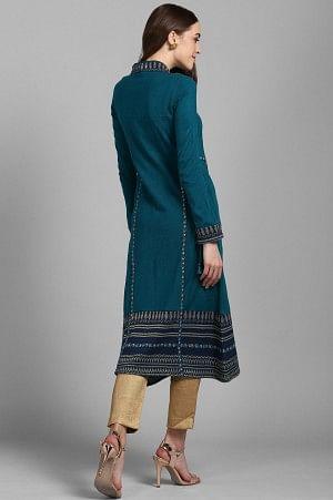 Green V Neck Solid Winter kurta