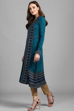 Green V Neck Solid Winter kurta - wforwoman