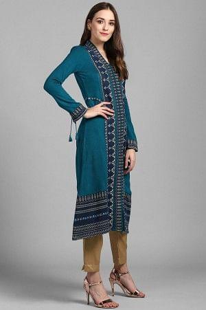 Green V Neck Solid Winter kurta - wforwoman