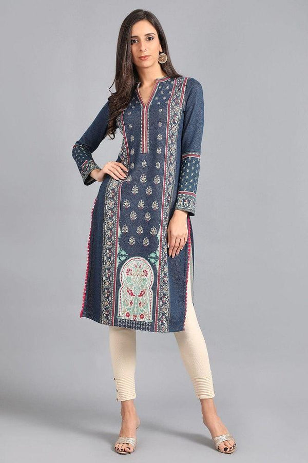 Blue Mandarin Neck Yarn-dyed Winter kurta
