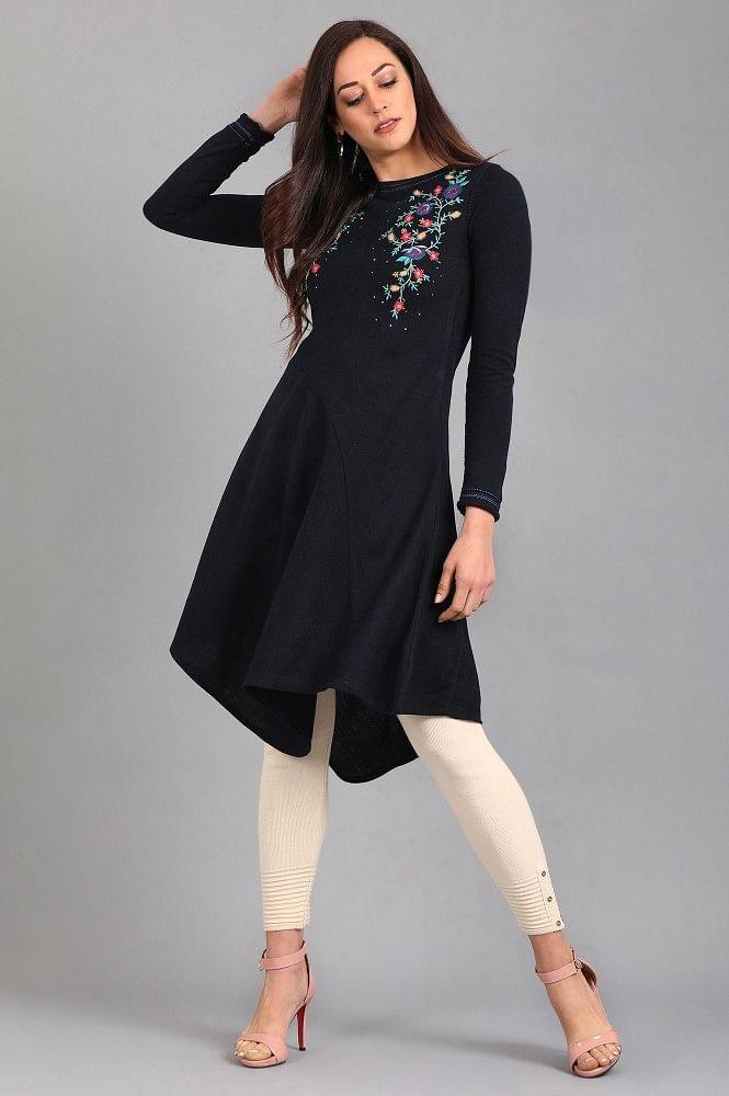 Blue Round Neck Solid Winter kurta - wforwoman