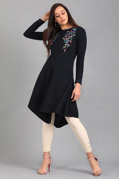 Blue Round Neck Solid Winter kurta - wforwoman