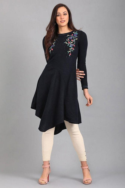 Blue Round Neck Solid Winter kurta - wforwoman
