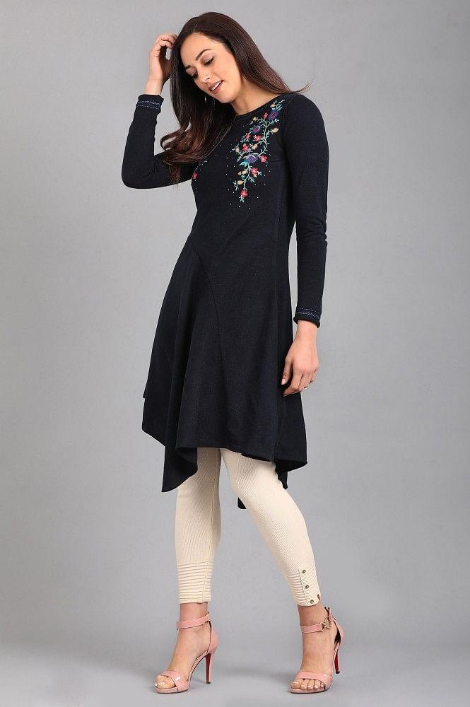 Blue Round Neck Solid Winter kurta - wforwoman