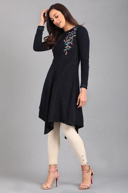 Blue Round Neck Solid Winter kurta - wforwoman