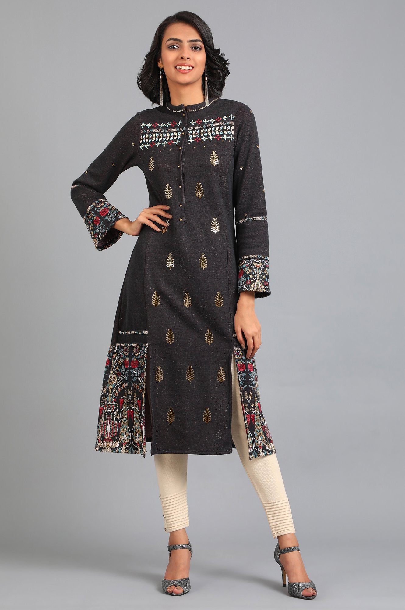 Grey Mandarin Neck Yarn-dyed Winter kurta
