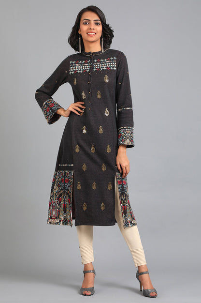 Grey Mandarin Neck Yarn-dyed Winter kurta