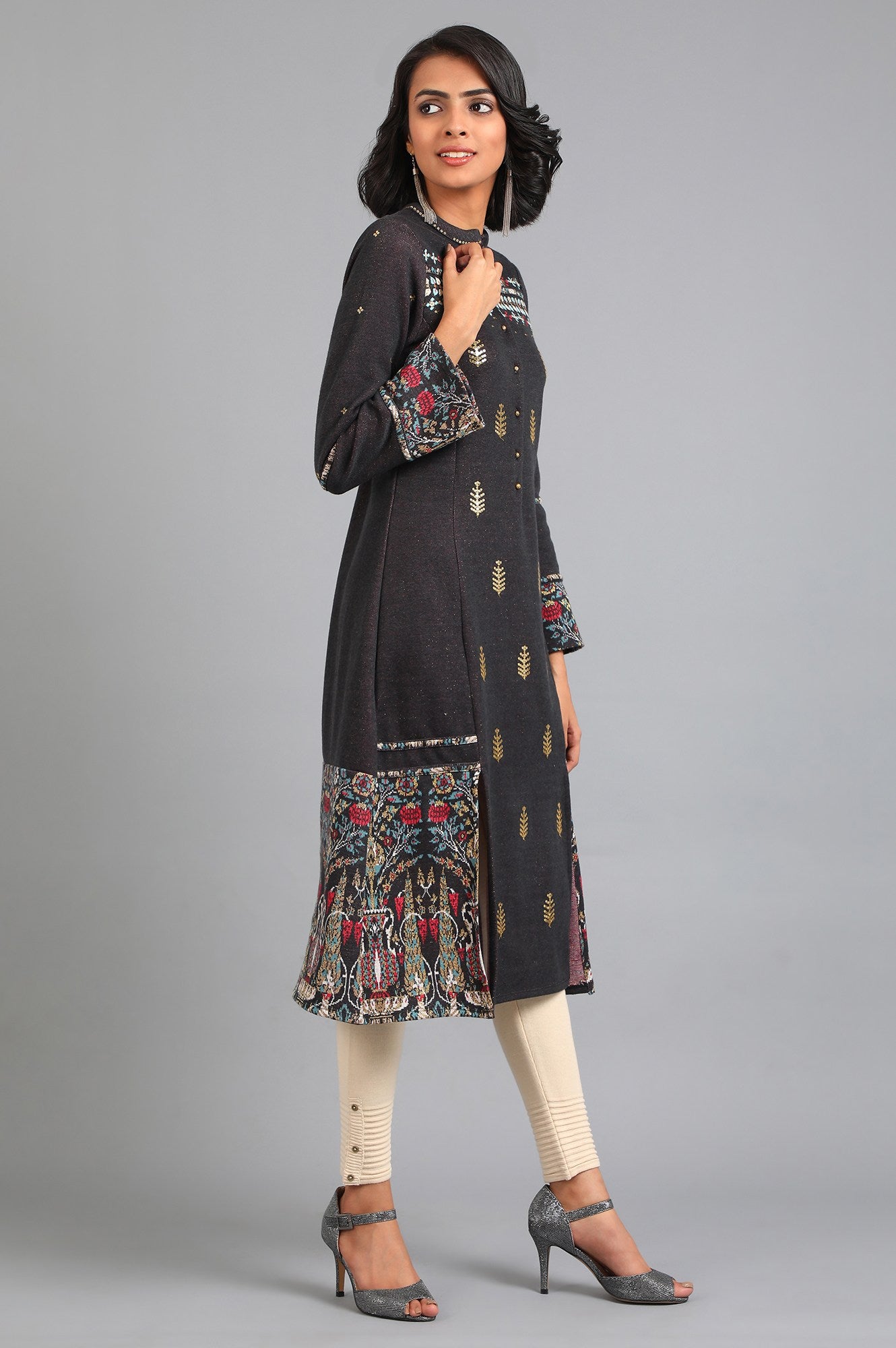 Grey Mandarin Neck Yarn-dyed Winter kurta