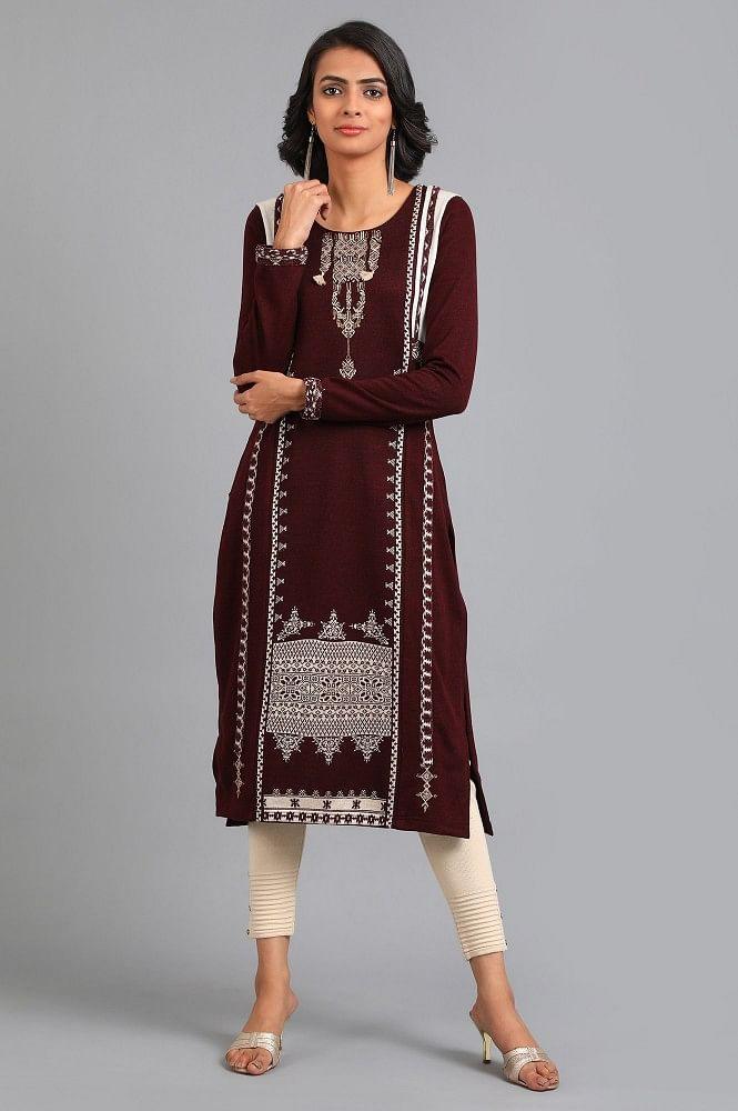 Red Round Neck Solid Winter kurta - XS
