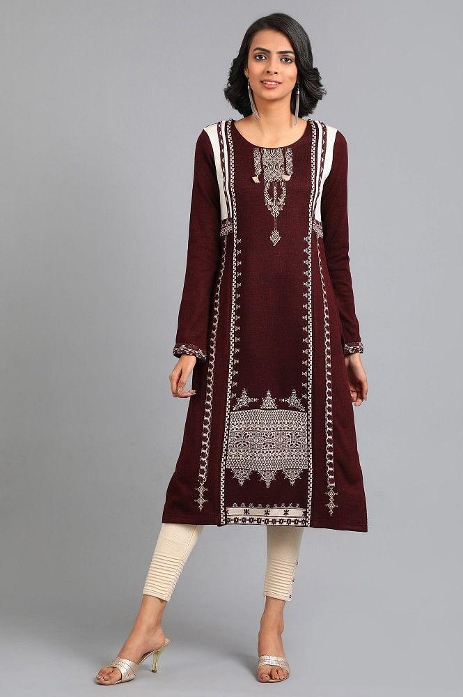 Red Round Neck Solid Winter kurta - wforwoman