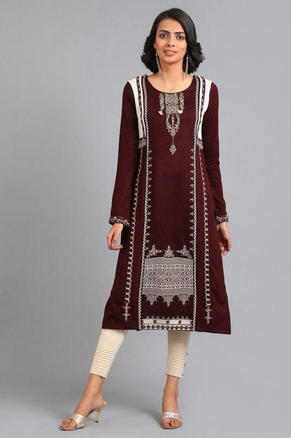 Red Round Neck Solid Winter kurta - wforwoman