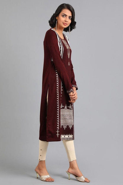 Red Round Neck Solid Winter kurta - wforwoman