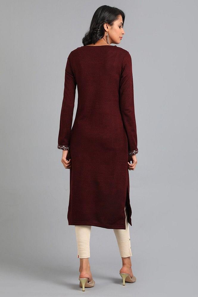 Red Round Neck Solid Winter kurta - wforwoman