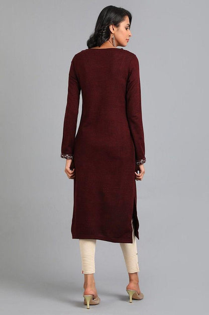 Red Round Neck Solid Winter kurta - wforwoman