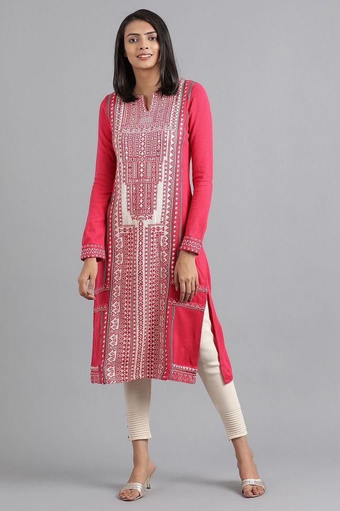 Pink Round Neck Solid Winter kurta - wforwoman