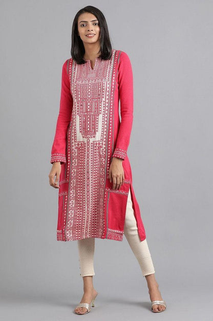 Pink Round Neck Solid Winter kurta - wforwoman